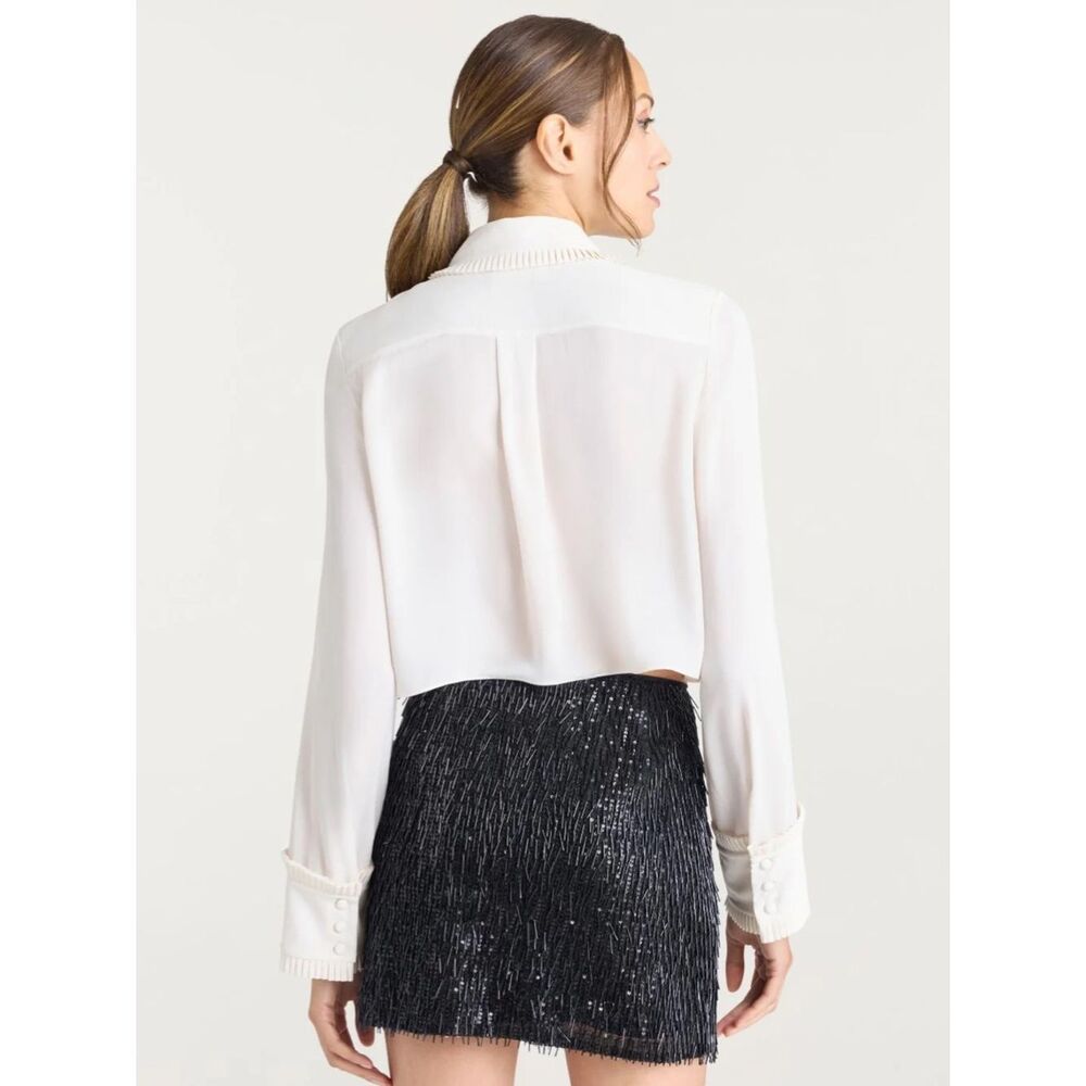 cinq a sept Zaida White Button-Front Blouse with Black Bow cropped size medium - Picture 3 of 12